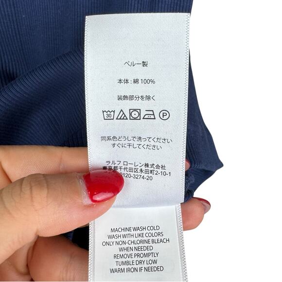 Polo Ralph Lauren Navy Blue Ribbed Red White Trim Logo Slim Fit Baby Tee - Picture 13 of 13